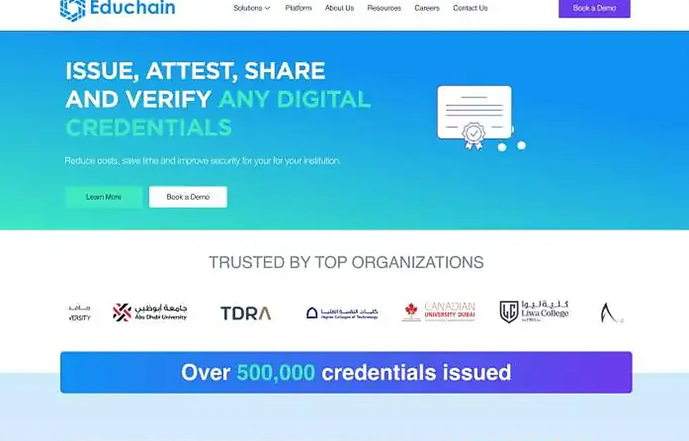 Edu Chain blockchain digital credentialing platform homepage
