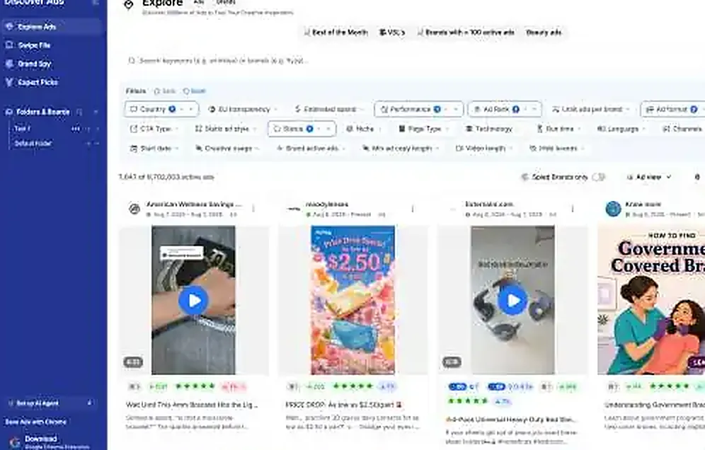GetHookd.ai AI advertising intelligence platform showing ad creative discovery and filtering