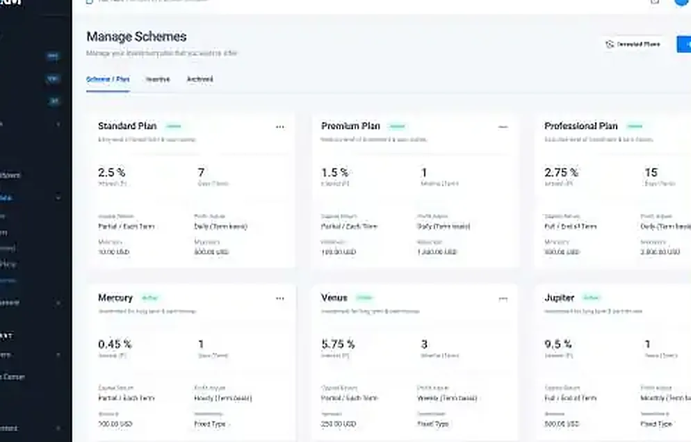 Investorm — Manage schemes — plan configuration, terms and returns