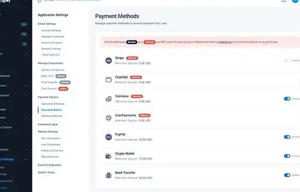 Investorm — Payment methods — fiat and cryptocurrency gateway configuration