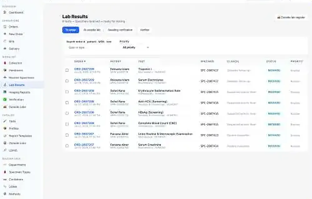 Shafa HMS — Laboratory results and specimen workflow