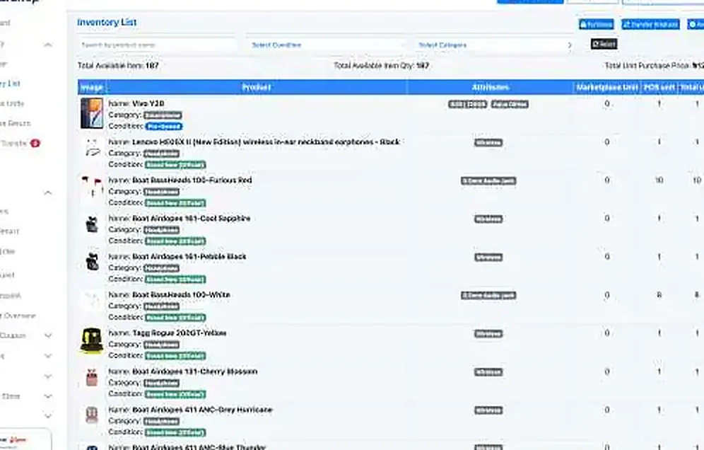 Supershop (POS) — Inventory list with condition and category attributes